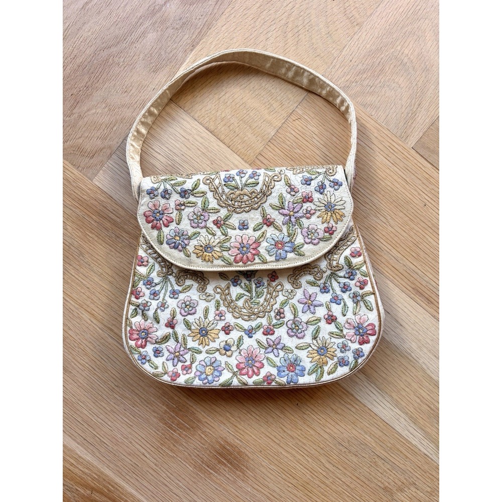 Vintage Embroidered Silk Evening Bag Pastel Flowers Ivory Made In Rio, Brazil